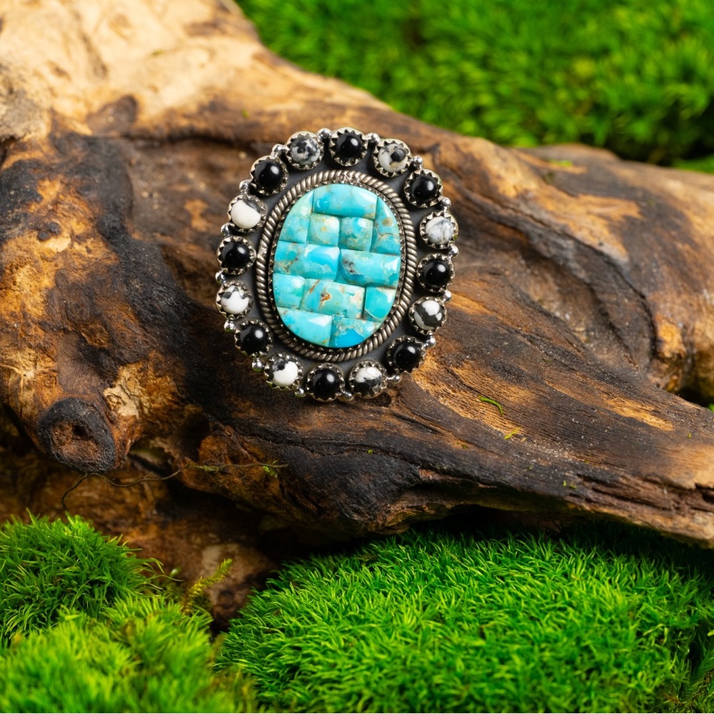 925 Sterling Silver Royston Turquoise with Black Onyx and White Buffalo Ring